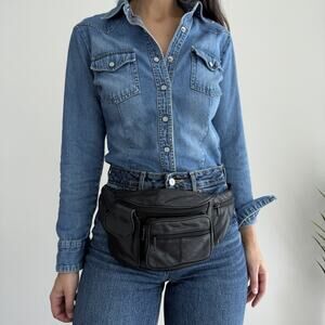 Vintage Leather Fanny Pack Black Belt Bag Adjustable Waist Y2K Pockets Pockets